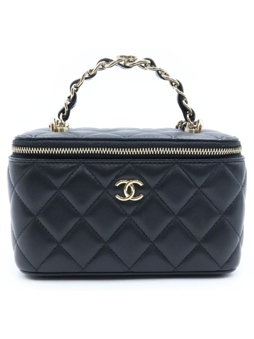 Chanel Quilted Vanity Chain Shoulder Handbag CC Logo Gold Lambskin Black